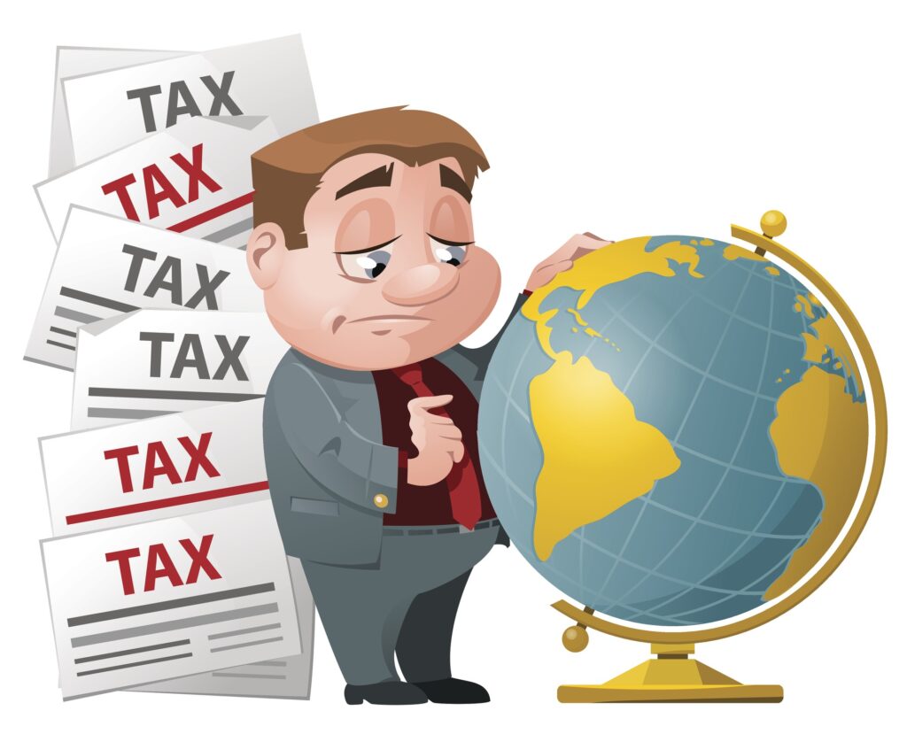 Tax evasion. Sad man looking for a place on the globe. Cartoon styled vector illustration. Elements is grouped and divided into layers for easy edit.